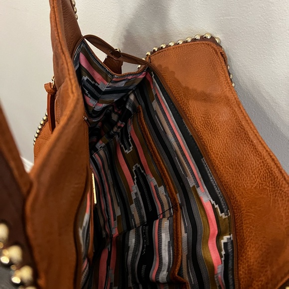 Big Buddha Large Quilted Tan Shoulder Bag Gold Beads Striped Interior Lining - Picture 7 of 7